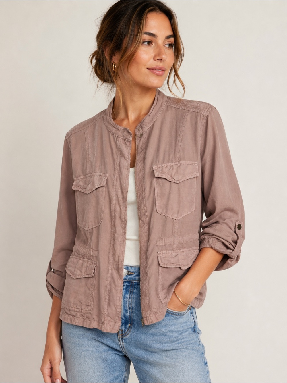 Sanctuary Blush Pink Utility Jacket Medium Roll Tab Sleeves Sarfari
